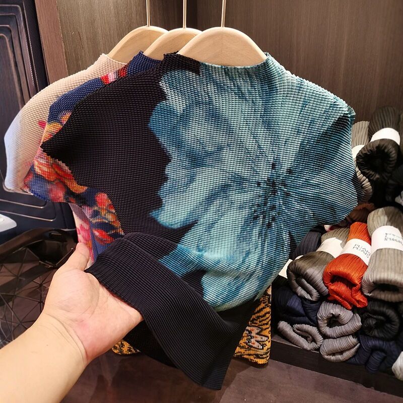 Women's High-End Summer T-Shirt New Printed Corn Grain Design Slim Fit Stand Collar High Elasticity Short Casual Geometric