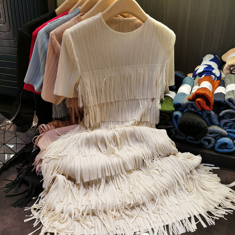 Women's Solid Color round Neck Short-Sleeved Cake Dress for Spring Summer Commuting Spliced Fringe Pleated with Temperament